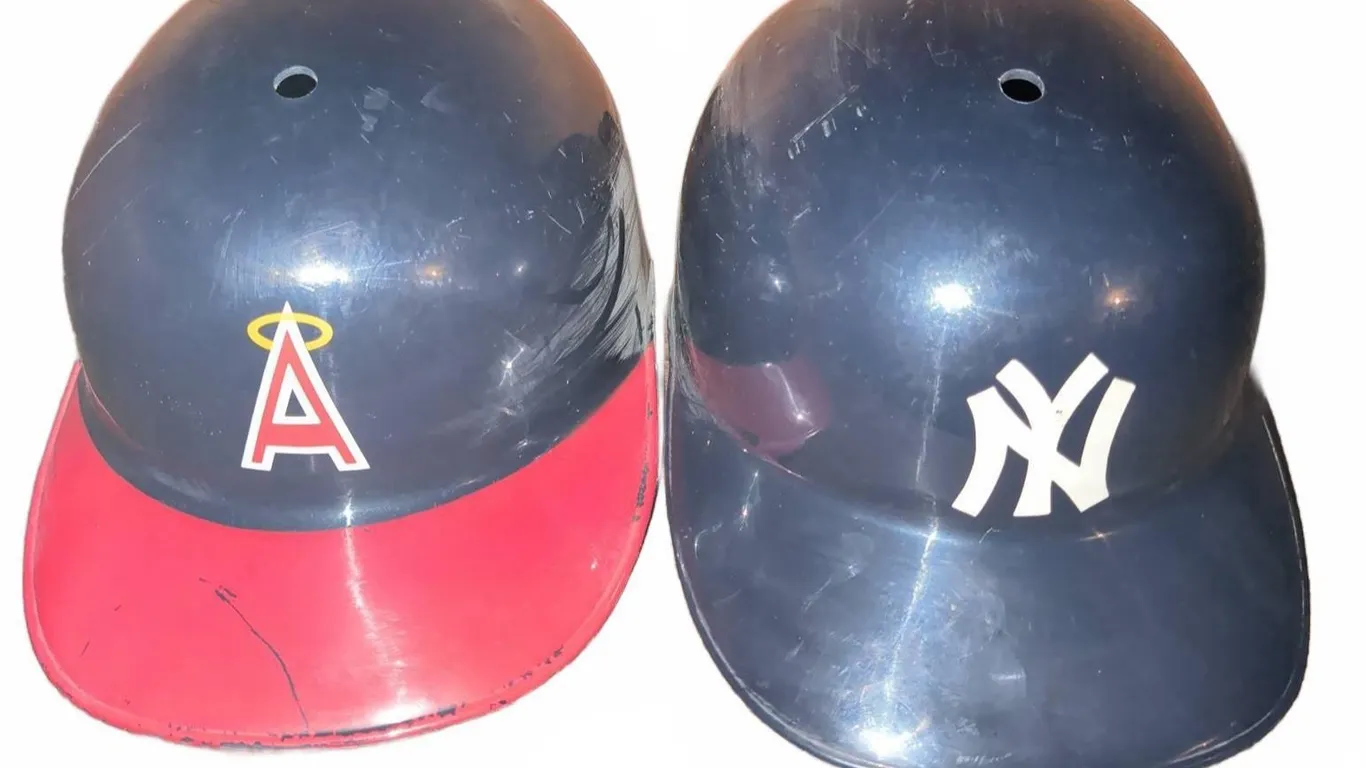MLB Batting Helmet Pair: Angels and Yankees Logo Helmets