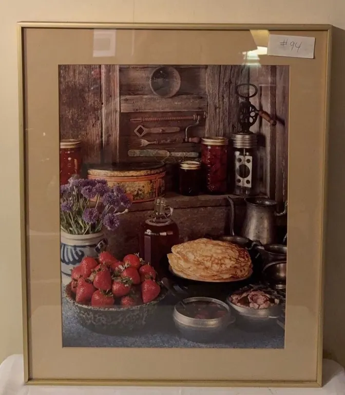 Framed Kitchen Still Life Print Featuring Strawberries and Pancakes