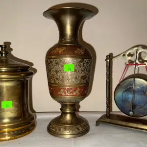 Brass Lidded Container, Engraved Brass Vase, and Table Gong Trio