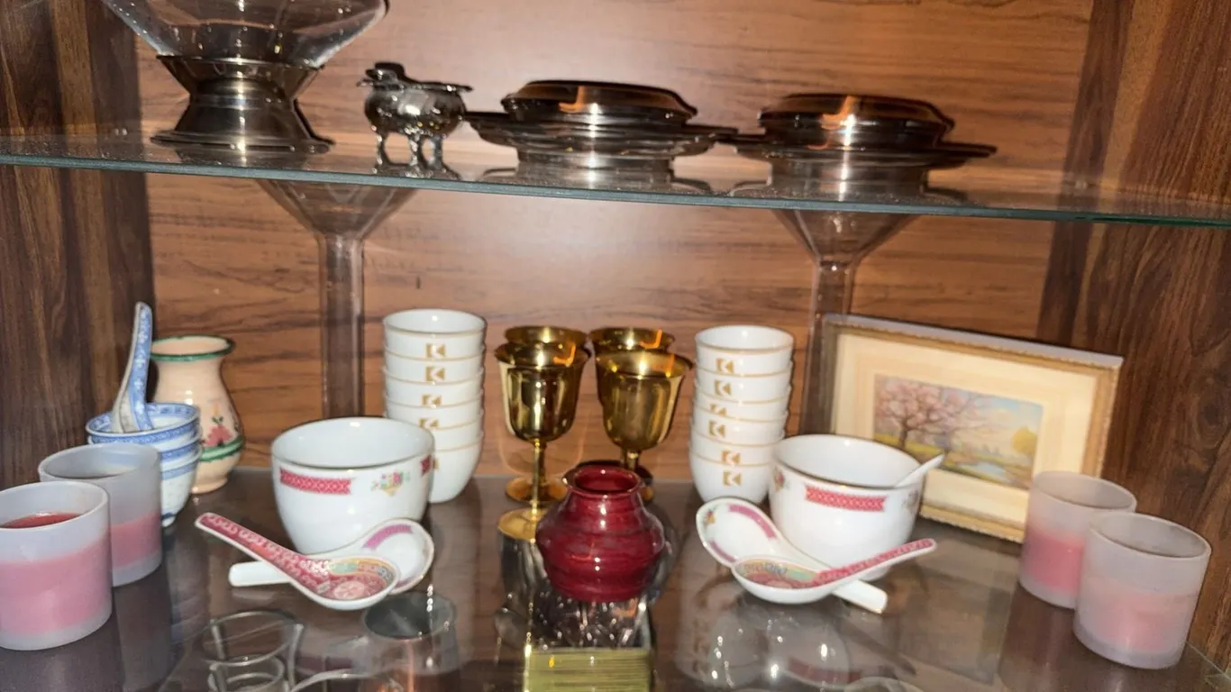 Asian Ceramic Tableware, Gold Goblets, and Framed Artwork Lot