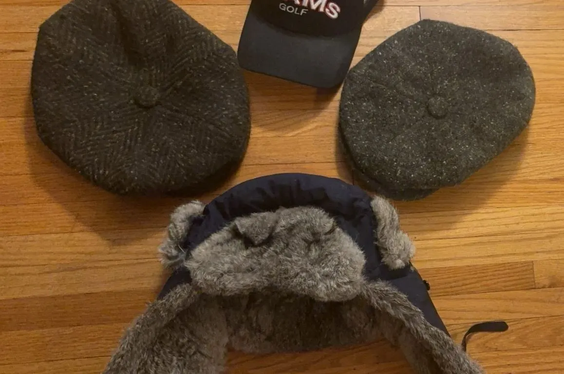 Adams Golf Cap, Two Wool Blend Flat Caps, and Faux Fur Winter Hat