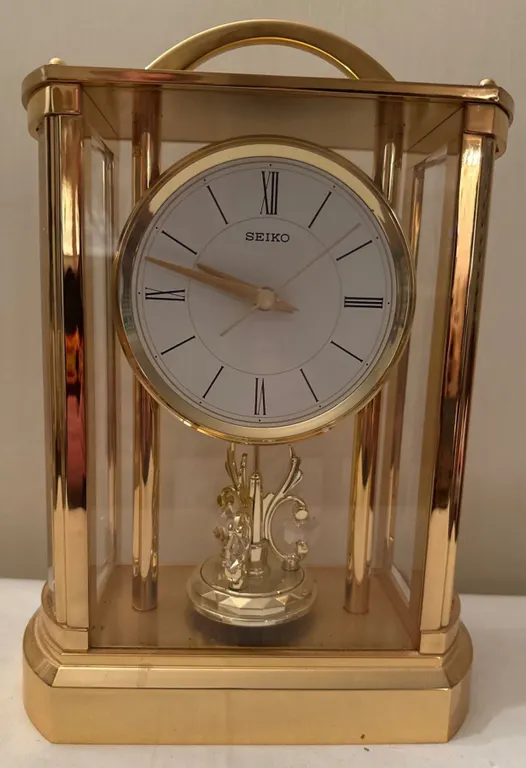 Seiko Brass and Glass Mantel Clock with Rotating Pendulum