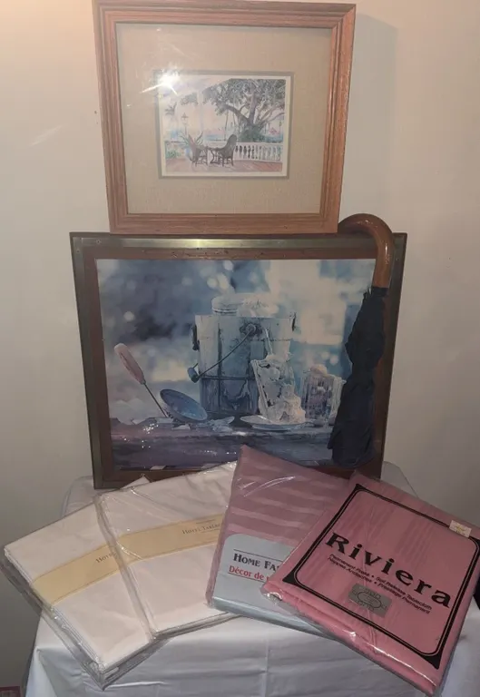Framed Prints, Packaged Tablecloths, and Curved Handle Umbrella Assortment