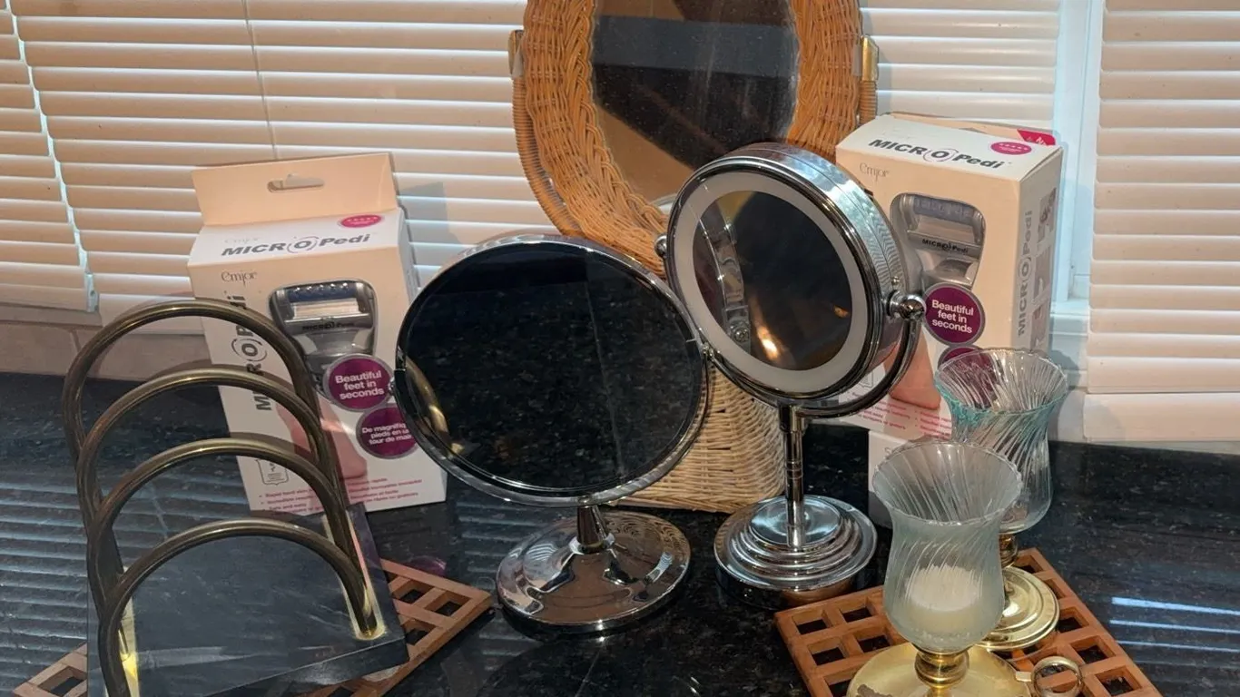 Vanity Lot: Makeup Mirrors, MICRO Pedi Devices, Brass Candle Holders, and Letter Holder