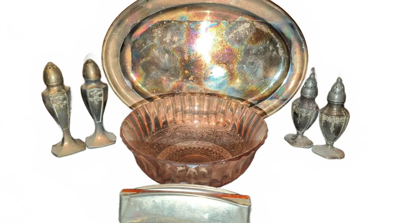 Silverplate Tableware with Pink Depression Glass Bowl and Hohner Harmonica