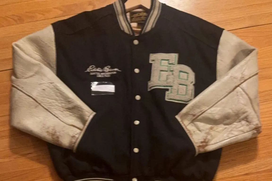 Eddie Bauer Wool and Leather Varsity Jacket, EB Patch, Men’s Size Large