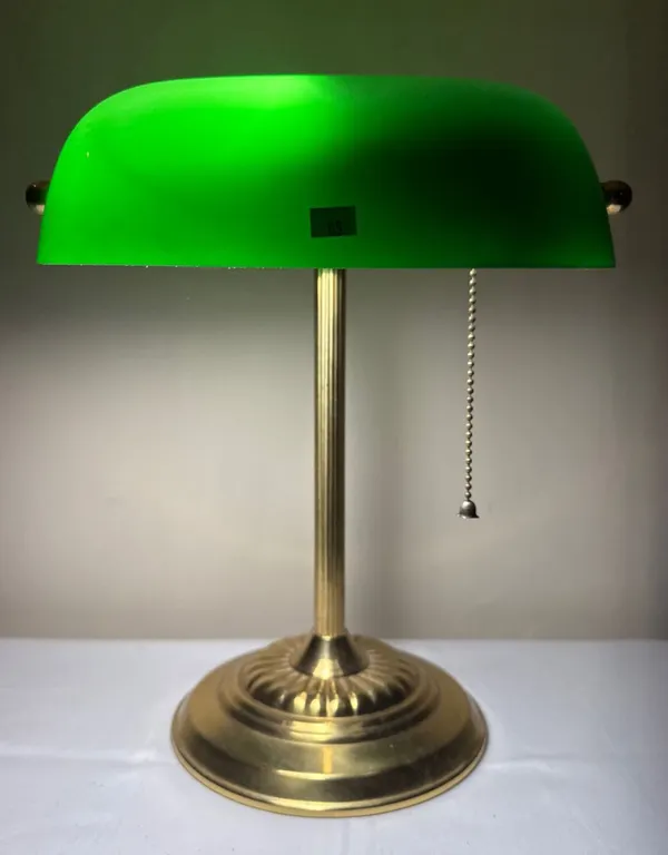 Brass Desk Lamp with Green Glass Shade and Pull Chain