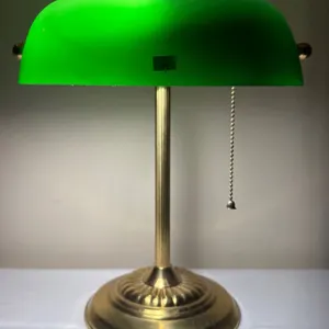 Brass Desk Lamp with Green Glass Shade and Pull Chain