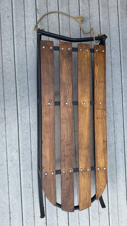 Wood and Metal Snow Sled with Rope Pull