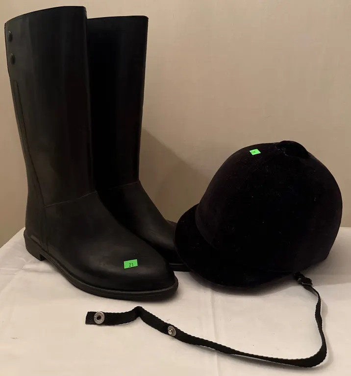 Equestrian Black Riding Boots and Velvet Riding Helmet Set