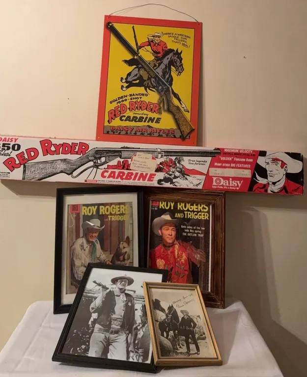 Red Ryder Daisy Carbine Poster, Box, and Roy Rogers Framed Collectibles Lot
