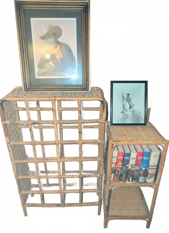 Wicker Shelves, John Jakes Books, and Framed Cowboy Prints