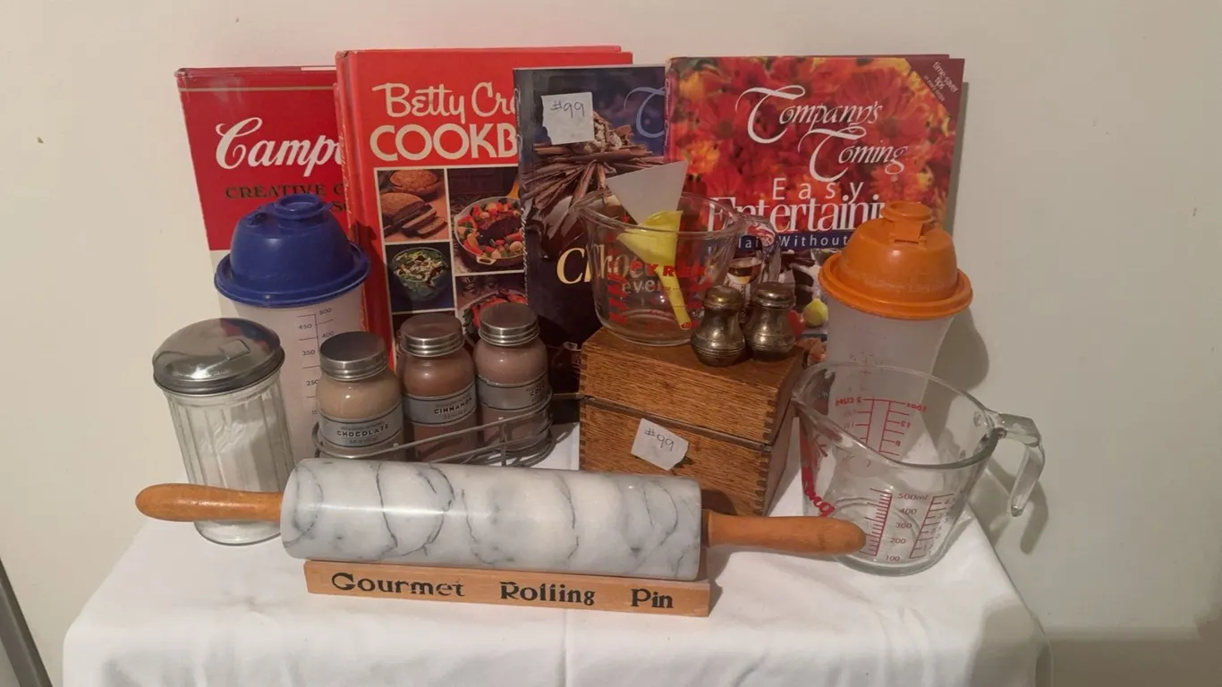 Kitchenware Lot with Cookbooks, Marble Rolling Pin, Fire-King Measuring Cup, Shakers