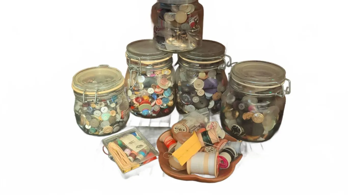 Vintage Stitch Accessories with Unique Buttons in Glass Jars