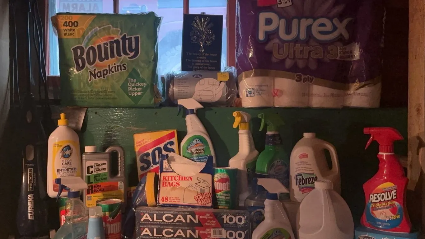 Household Cleaning and Paper Products Lot Including Purex, Bounty, Alcan, and Various Cleaners