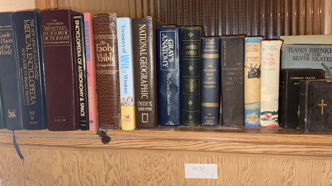 Bookshelf Lot with Vintage Books, Woman's Day Cookery Encyclopedia, and National Geographic