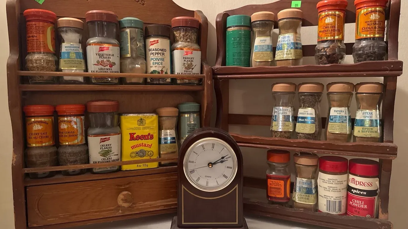 Wooden Spice Rack Lot with Assorted Spice Jars and Bombay Company Quartz Desk Clock