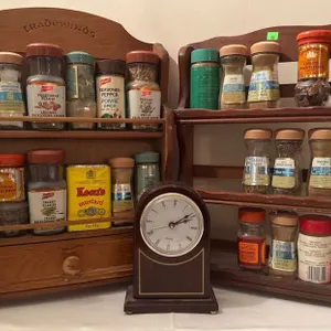 Wooden Spice Rack Lot with Assorted Spice Jars and Bombay Company Quartz Desk Clock