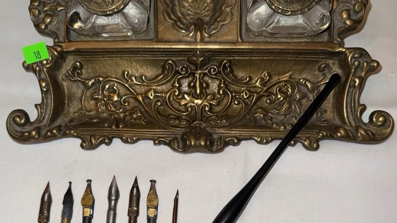 Ornate Brass Double Inkwell Set with Dip Pen and Nibs