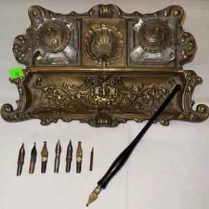 Ornate Brass Double Inkwell Set with Dip Pen and Nibs
