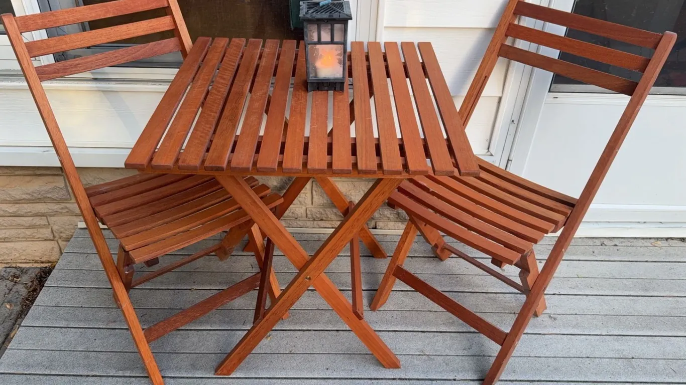 Wood Slatted Folding Patio Bistro Set with Square Table and Two Chairs