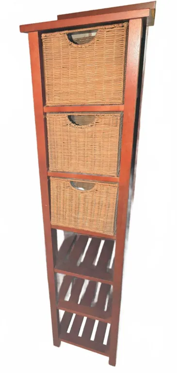 Wooden Tower Shelf With 3 Woven Storage Baskets