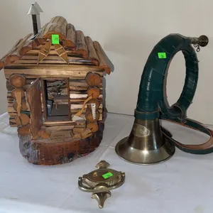 Decorative Items: Wood Cabin Model, French Horn, Brass Door Knocker and more
