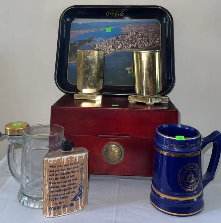 Barware, Coca-Cola Tray, BYU Mug, and National Geographic CD Set