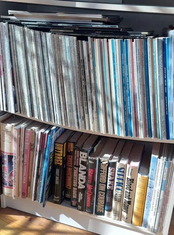 Hardcover Books, Paperbacks, and Magazines on Shelf