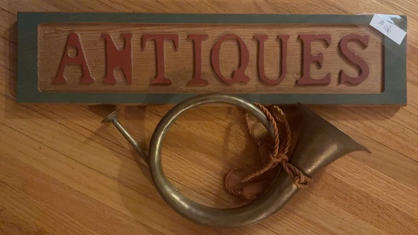 Decorative Wood 'ANTIQUES' Wall Sign and Brass Hunting Horn