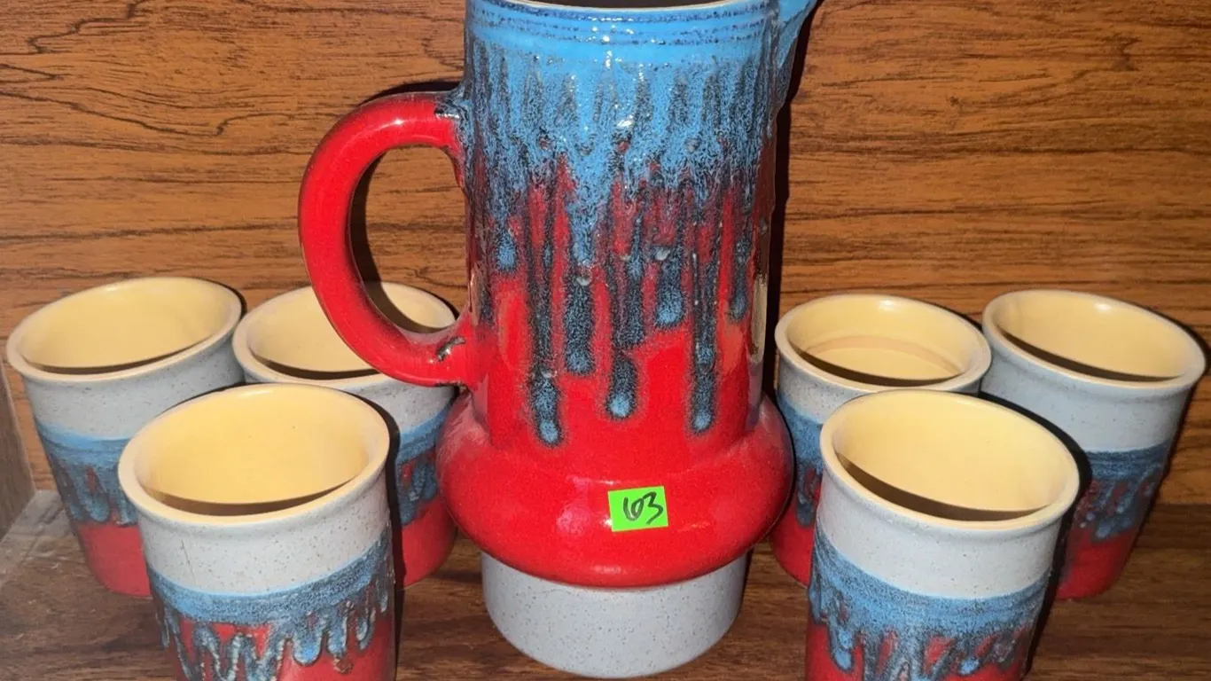 Drip Glaze Pottery Pitcher and Six Tumblers Set