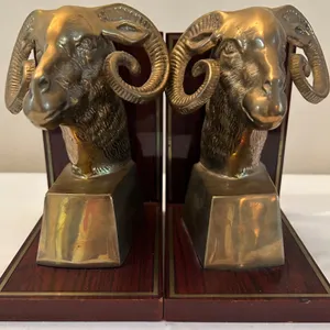 Brass Ram Head Bookends with Wood Base