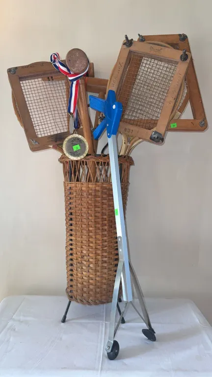 Wooden Tennis Rackets with Presses, Wicker Basket, Medal, and Picker Tool