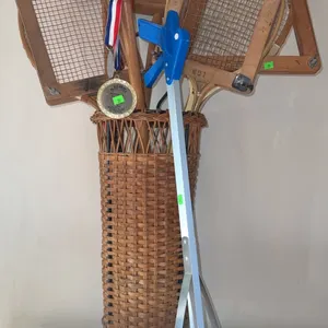 Wooden Tennis Rackets with Presses, Wicker Basket, Medal, and Picker Tool