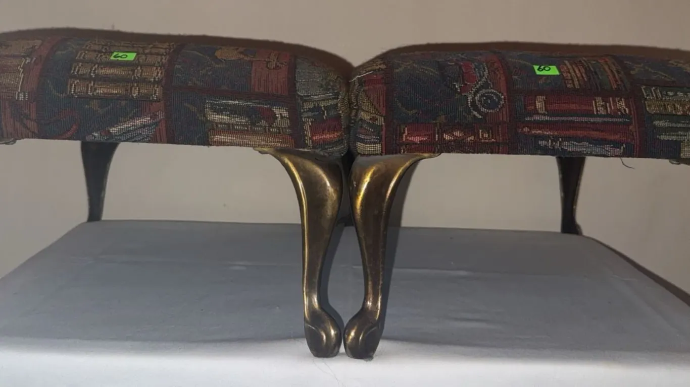 Upholstered Footstools with Brass-Coloured Cabriole Legs