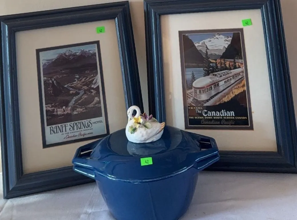 Copco Denmark Blue Enamel Cast Iron Dutch Oven with Framed Banff and Canadian Pacific Prints