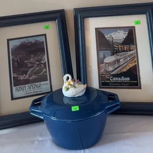 Copco Denmark Blue Enamel Cast Iron Dutch Oven with Framed Banff and Canadian Pacific Prints