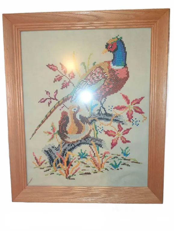 Framed Cross-Stitch Embroidery of Pheasant on Branch