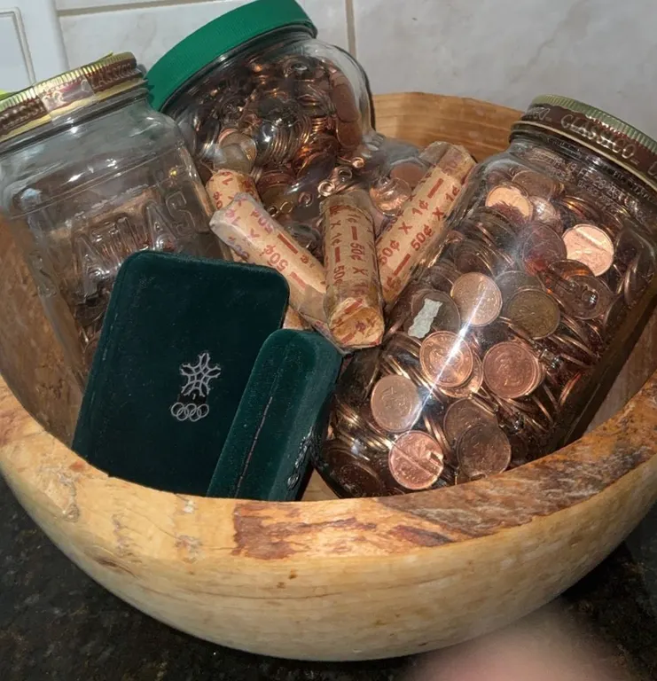 Canadian Pennies in Glass Jars and Rolls