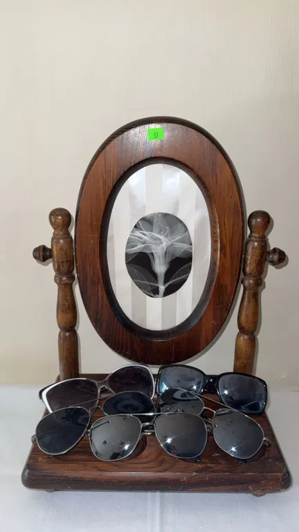 Wooden Swivel Vanity Mirror with Tray and Six Pairs Assorted Sunglasses