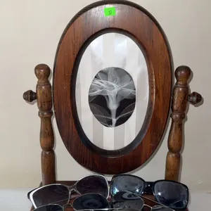 Wooden Swivel Vanity Mirror with Tray and Six Pairs Assorted Sunglasses