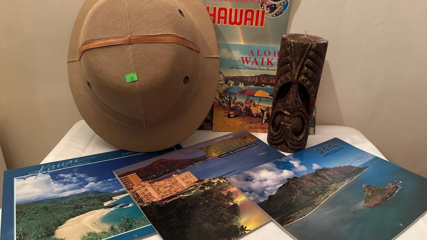 Hawaii Travel Ephemera Lot with Safari Hat, Tiki Figurine, and Calendars