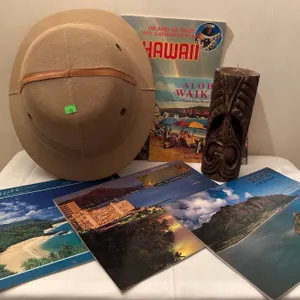 Hawaii Travel Ephemera Lot with Safari Hat, Tiki Figurine, and Calendars