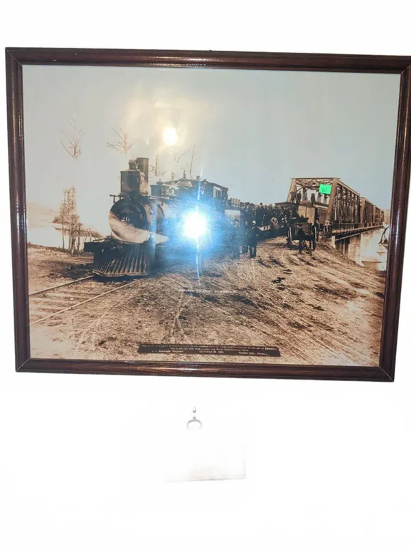 Framed Black and White Train and Bridge Photograph