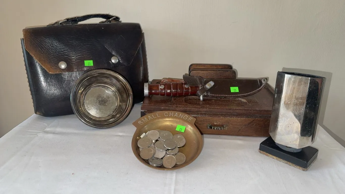 Change Dish, Wooden Jewellery Box, Fixed-Blade Knife with Sheath, and Bible with Leather Case