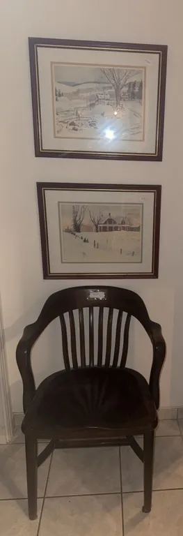 Framed Winter Landscape Prints and Wooden Armchair Grouping