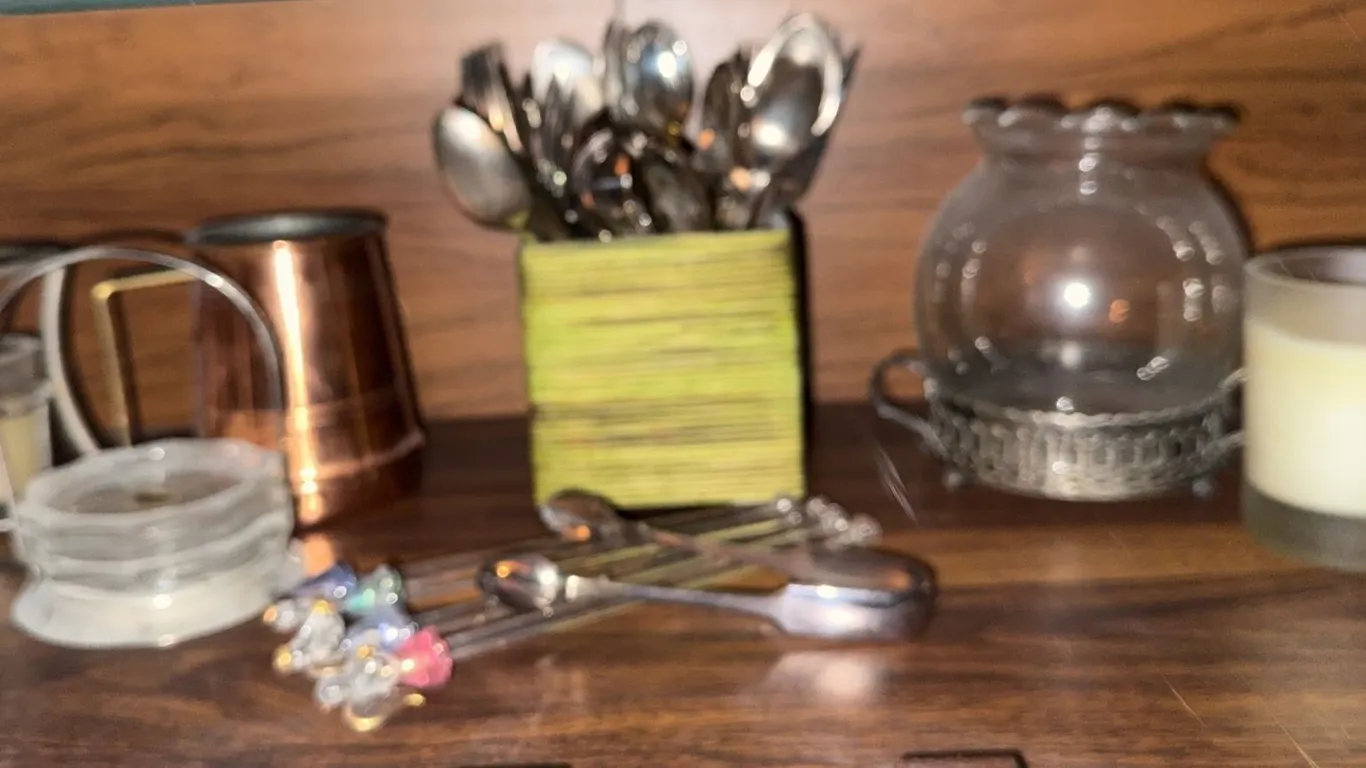 Tableware and Barware Including Flatware, Glass Swizzle Sticks, Copper Mug and Candle Holders