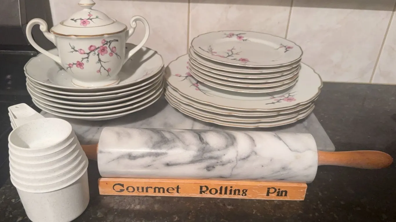 Porcelain Floral Dinnerware Set with Sugar Bowl and Marble Rolling Pin