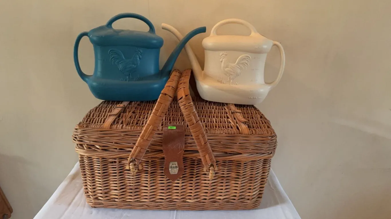 Wicker Picnic Basket with Tableware, Utensils, Two Plastic Watering Cans