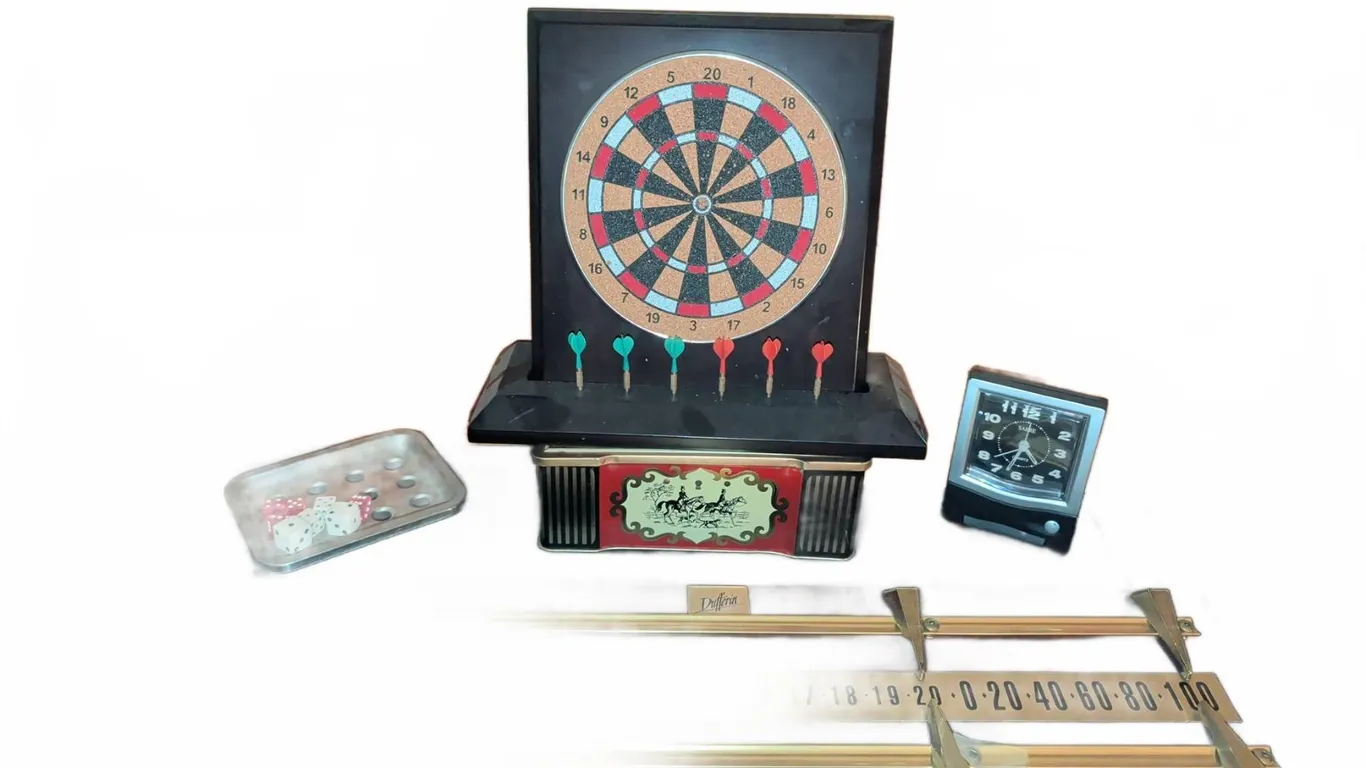 Dufferin Wooden Billiards Scoreboard With Accessories Including Dartboard, Tin, Dice, and Clock